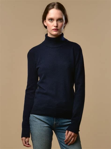 Turtleneck Sweater Ecru and Navy Blue Wool and Cashmere .